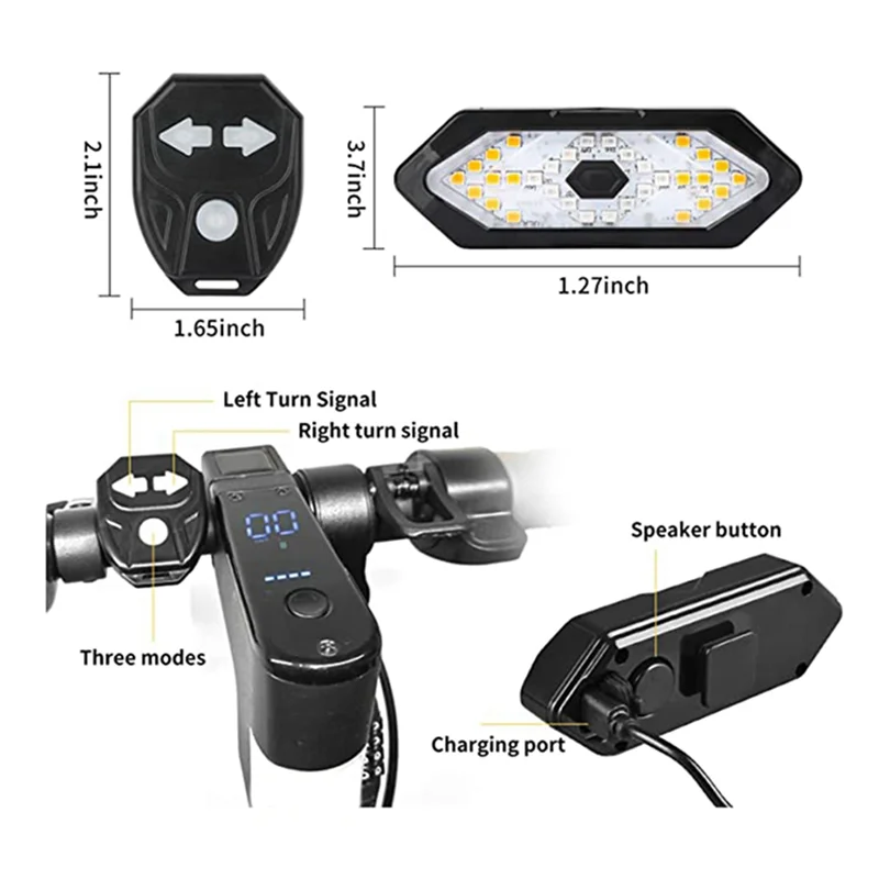 Sinal de volta de scooter elétrico, pisca/luz traseira de led de bicicleta de controle remoto, sinal de volta direcional ajustável recarregável