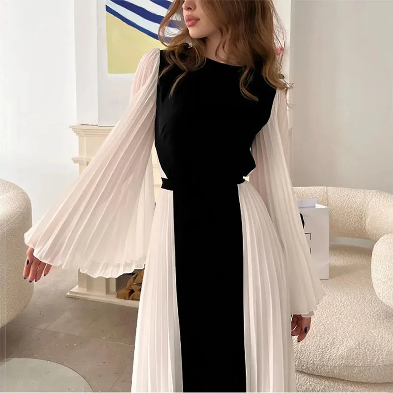 Elegant Arabic Round Neck Evening Dresses Long A Line Long Sleeve Chiffon Formal Prom Party Gown Robe de soiree for Women