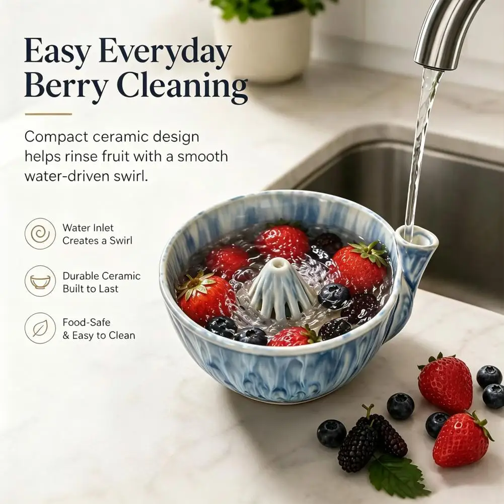 Stylish Tableware for Fruit Serving Ceramic Berry Swirl Washing Bowl with Drain Holes 360° Vortex Fruit for Strawberries