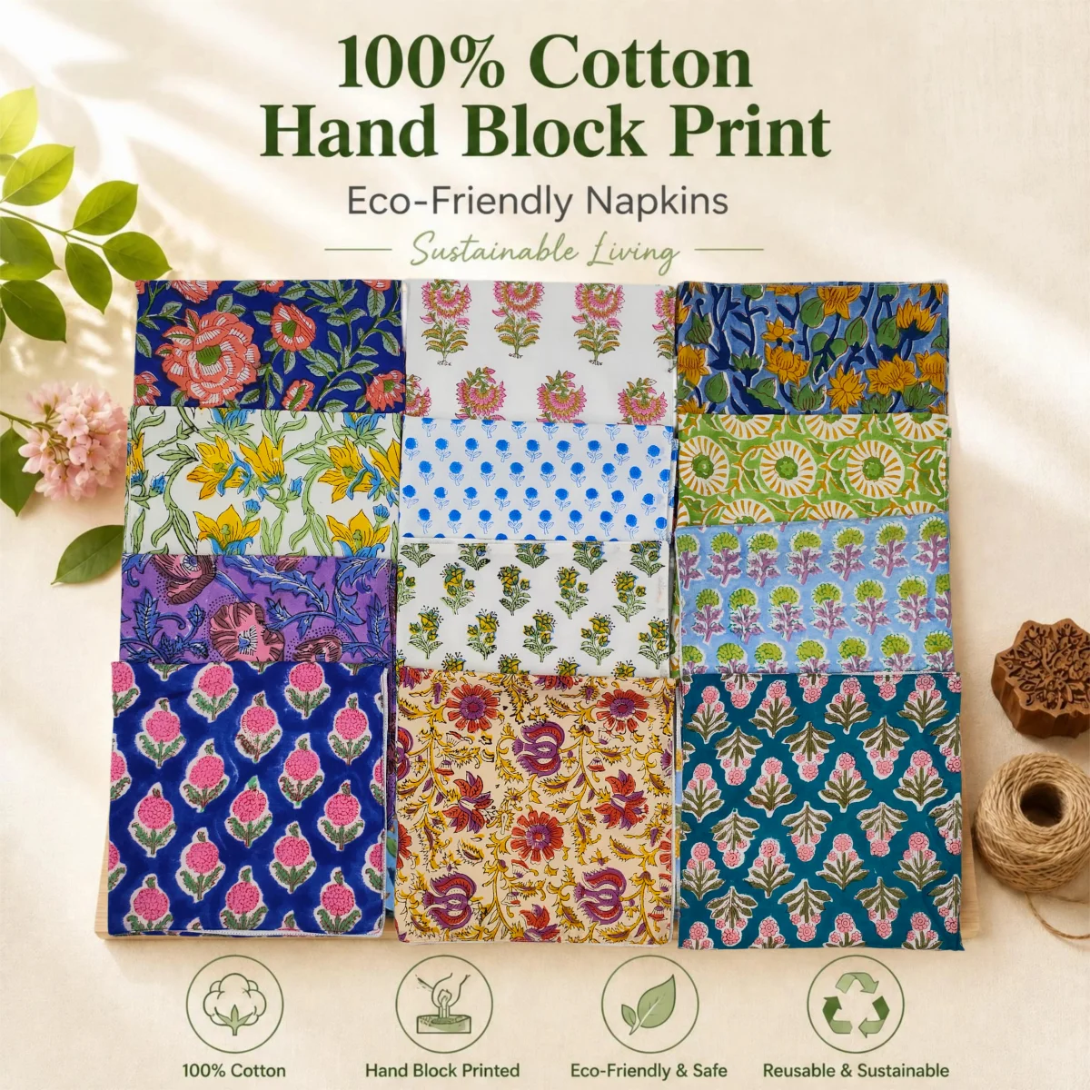 Double Layer Block Print Napkin Set of 4 100% Cotton Napkins Boho Table Dining Table Decoration Cocktail Washable Napkins