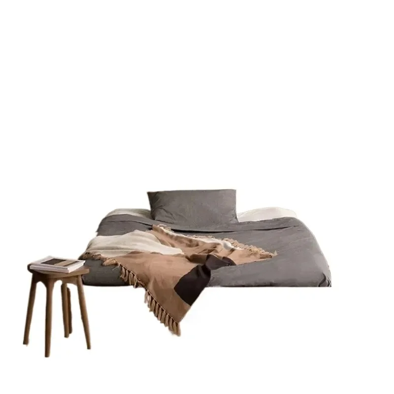 

Retro solid wood master bedroom small apartment Japanese-style wabi-sabi bedroom Indonesian teak bed