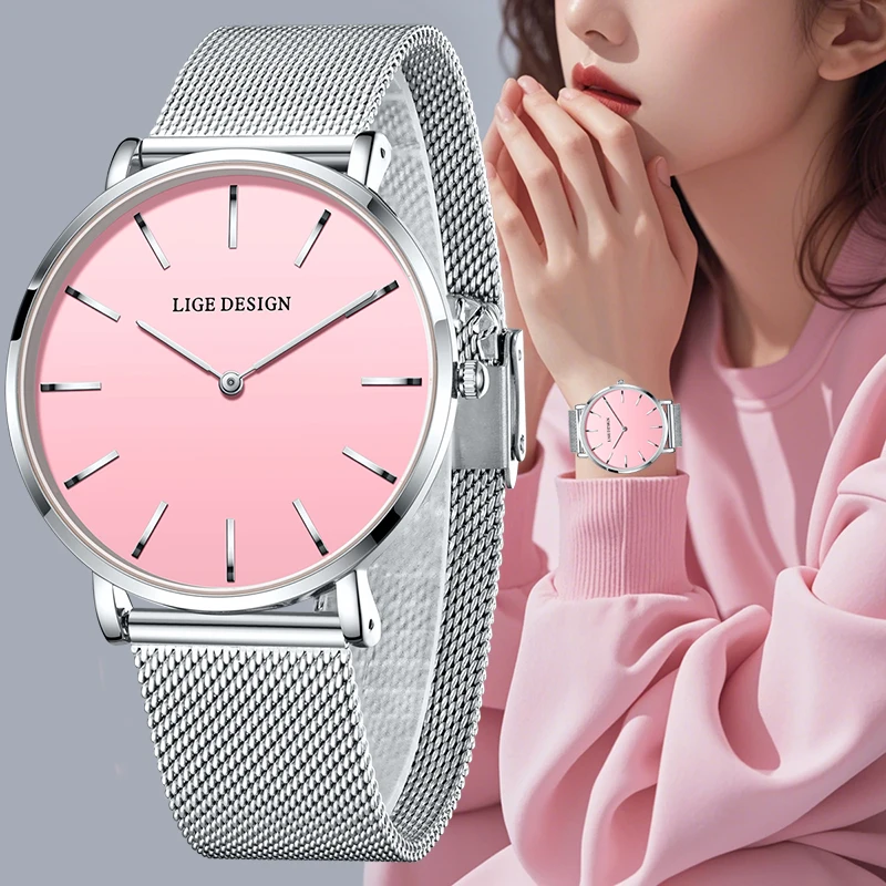 

LIGE New Creative Pink Watch For Ladies Top Brand Luxury Women's Quartz Wristwatches Fashion Sport Waterproof Watch Feminino