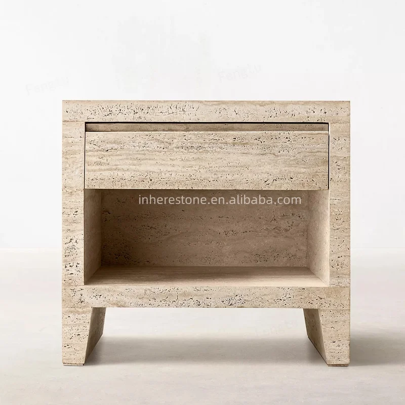 Modern Travertine Bedside Table with One Drawer for Bedroom Nightstand and Minimalist Interior Design