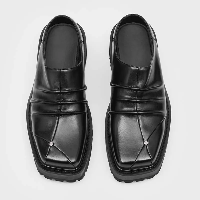 Retro Men Square Toe Pleated Design Semi Drag Thick Sole Height Increasing Mueller Shoes Lazy Personality Trendy Shoes