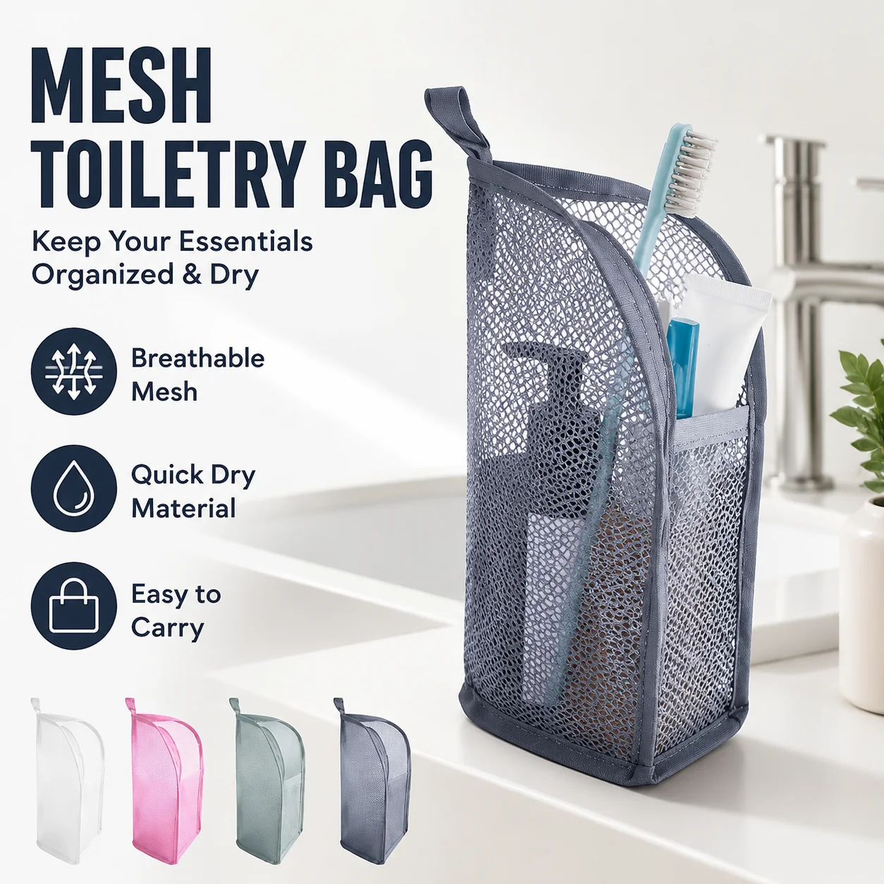 Mesh Standing Toiletry Bag Lightweight Foldable Clear Hanging Travel Organiser Portable Makeup bag for Toothbrush & Travel