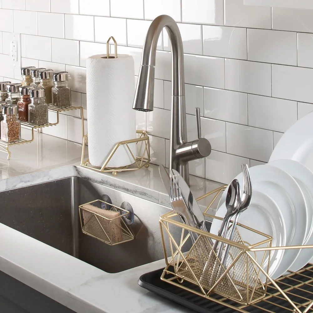 

Satin Gold Paper Towel Holder Free Standing Durable Iron Frame Raised Base Rust Resistant Convenient Kitchen Storage