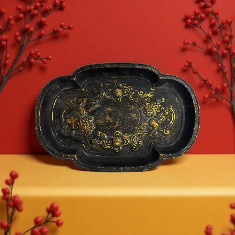 Miscellaneous black and gold finely crafted Tang Dynasty Zongguan double lion plate living room ornament