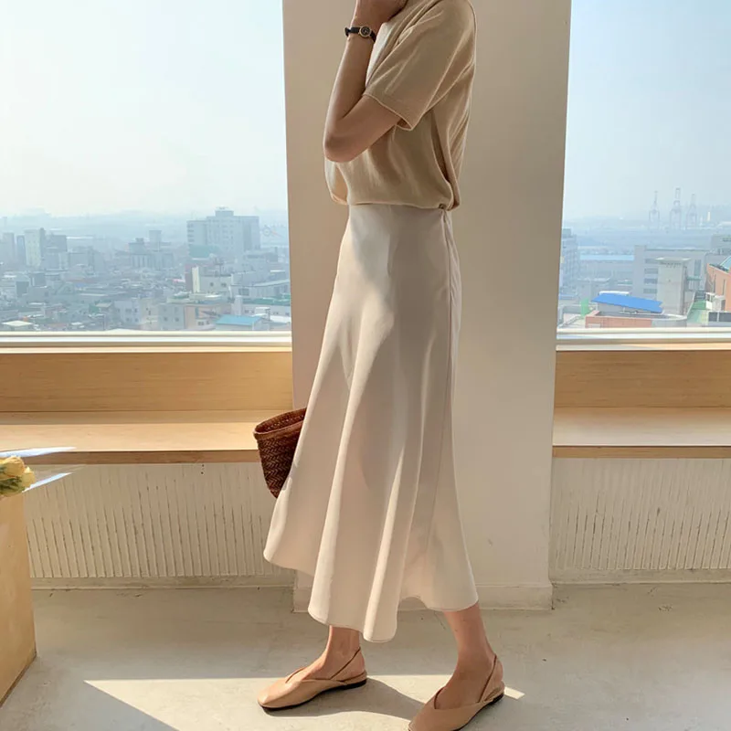 

Slimming High Waist Satin Drapey Mid-Length Skirt Chic Spring Summer New Sle Women's Faion Commute Korean Sle A-Line Skirt