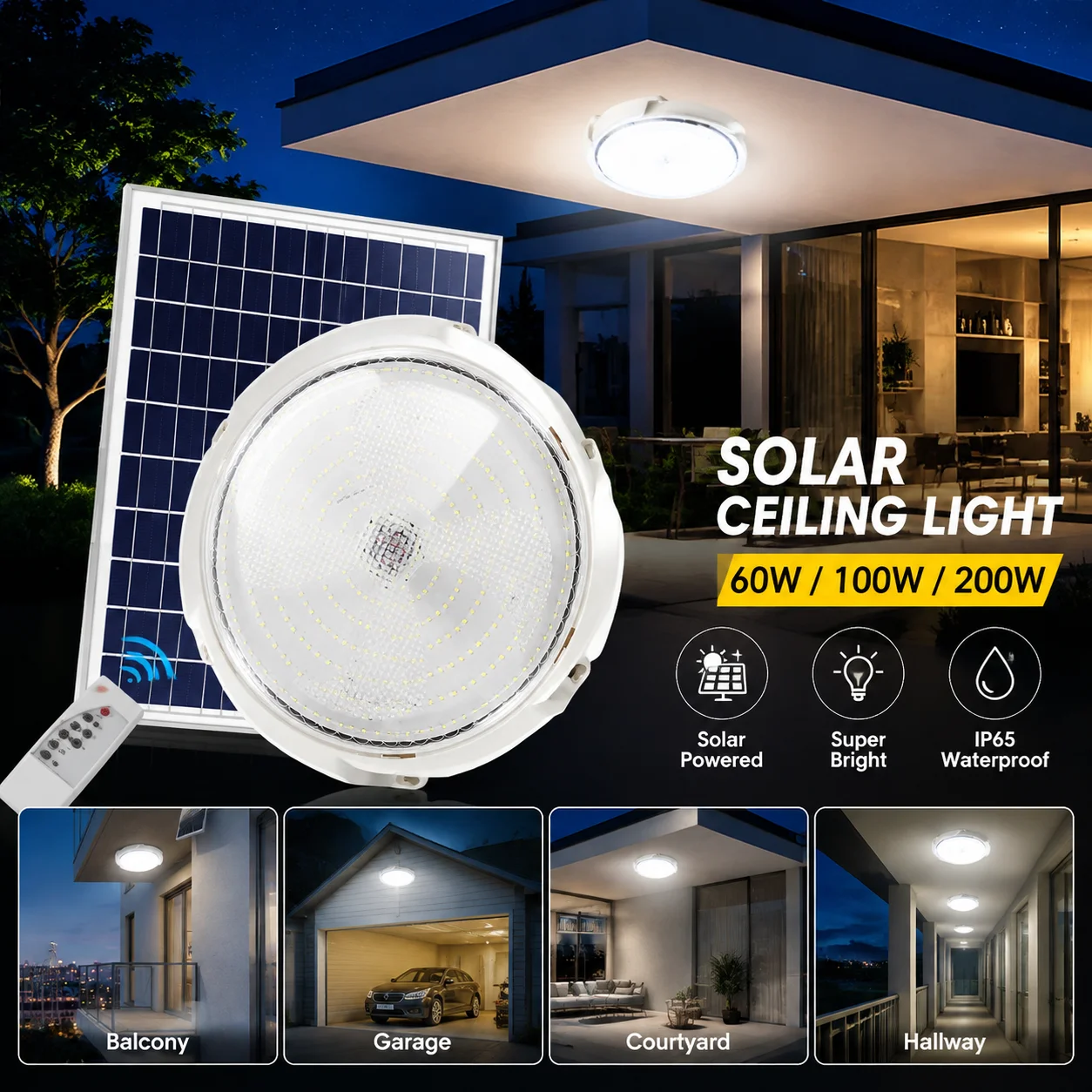 Solar Ceiling Light 60W-200W LED Lamp with Remote IP66 Waterproof Home Top Ceiling Living Room Garden Garage Workshop Lighting