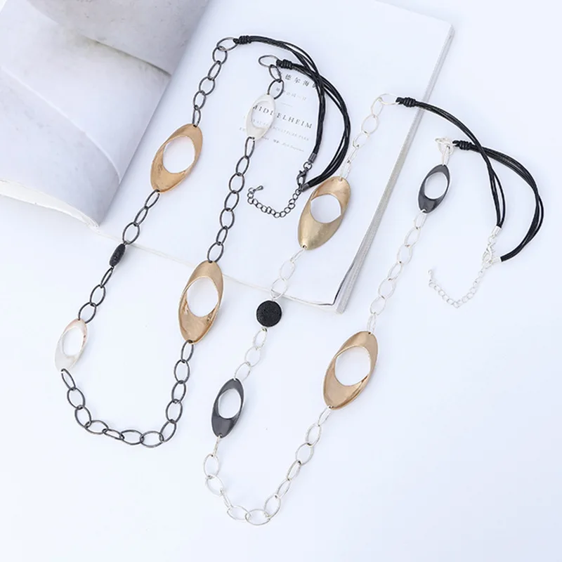 New style women's sweater chain, fashionable and exaggerated, versatile oval metal brushed long necklace