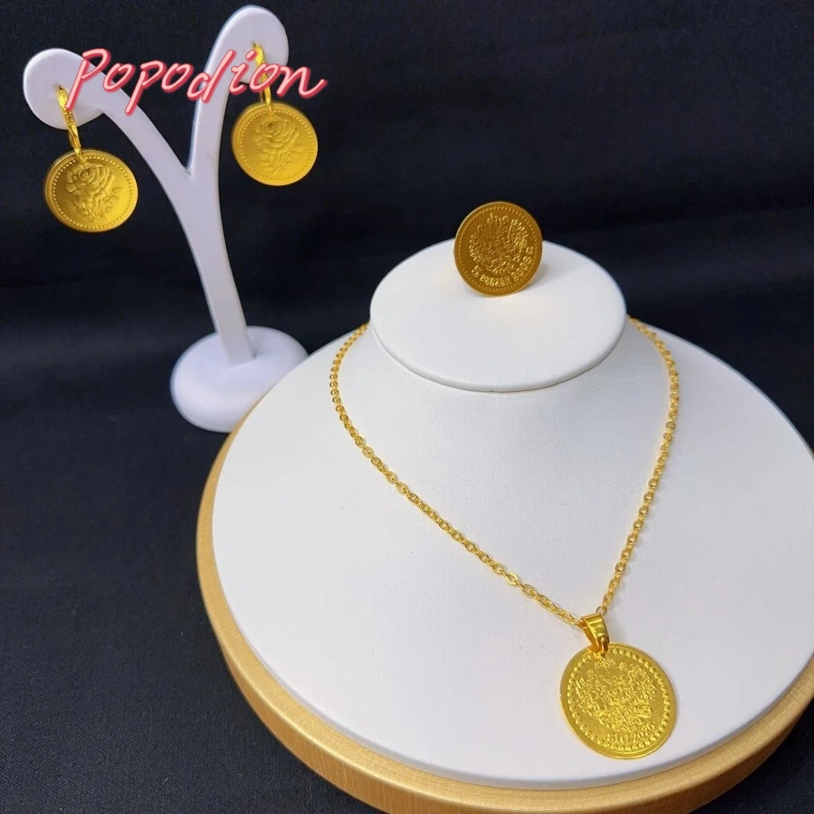 New Dubai 24K Gold Plated Jewelry Necklace Ring Women's Earring Jewelry Three Piece Set YY10355