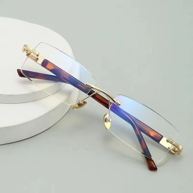 Men Luxury Rimless Reading Glasses With Brown Frame Anti Blue Light Magnifing Glasses Plus Presbyopia Clear Glasses +1.0-4.0