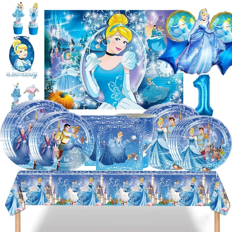 

Disney Cinderella Theme Party Supplies Girls Birthday Decoration Tableware Set Paper Cup Plate Tablecloth Balloon Baby Shower