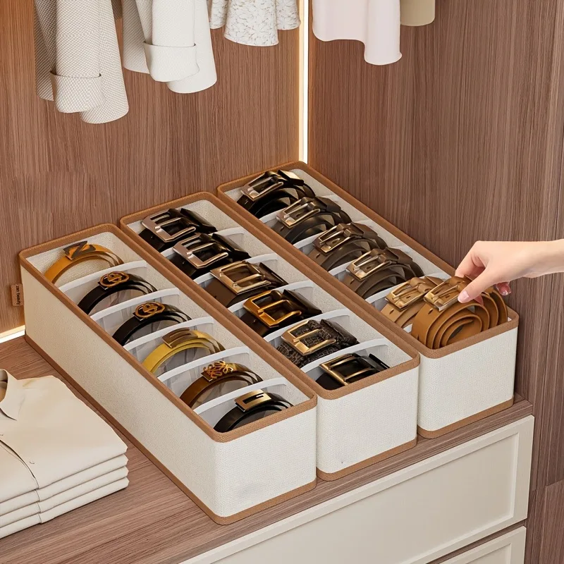 Belt Organizer Storage Box 6 Compartments Leather Style Closet Drawer Organizer for Belts Ties Scarves Accessories
