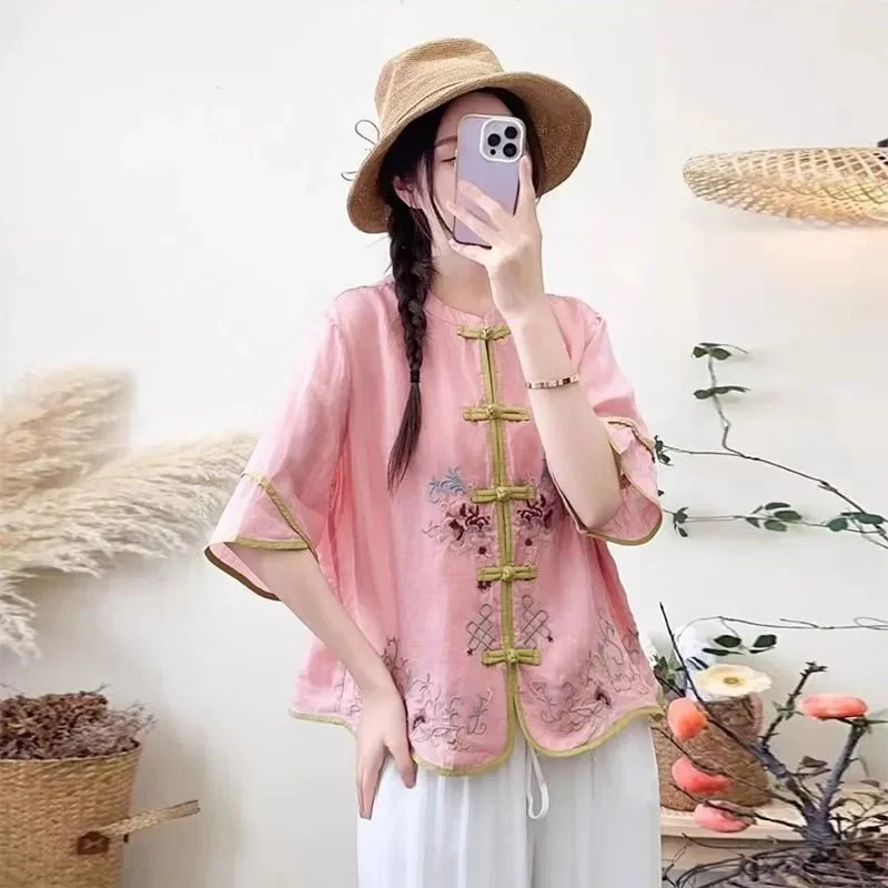 Broderie Vintage Blouse chemise femmes été Harajuku ample femme vêtements Blusa coton lin dames hauts t-shirt Camiseta Mujer
