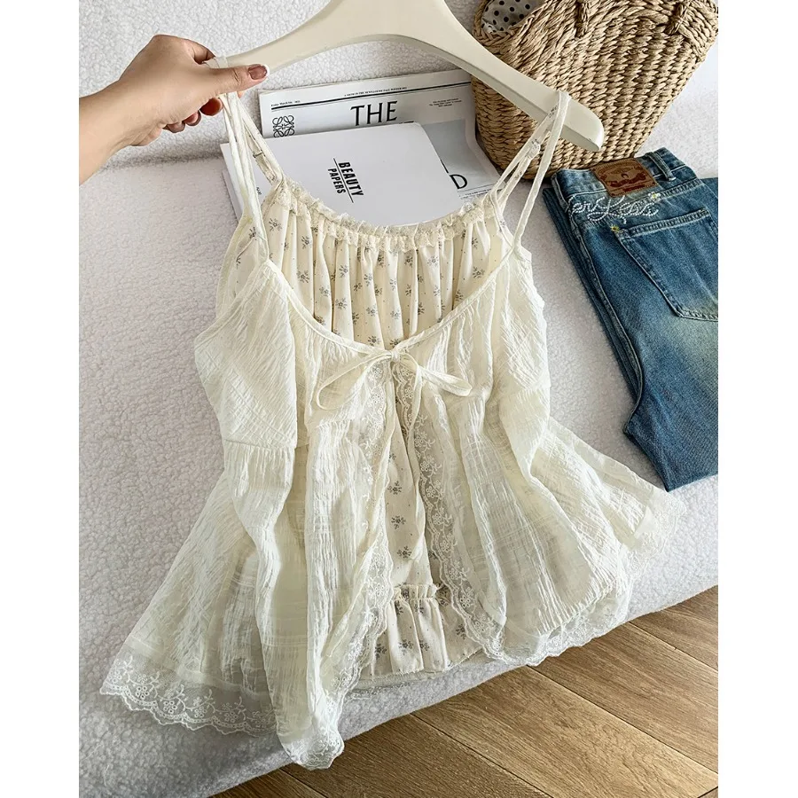 

Sweet Floral Print Strap Cardigan Women's Summer Outdoor Wear Lace Belted Hem Two-Piece Set Anti-Aging Top Breathable Skin-Fr...