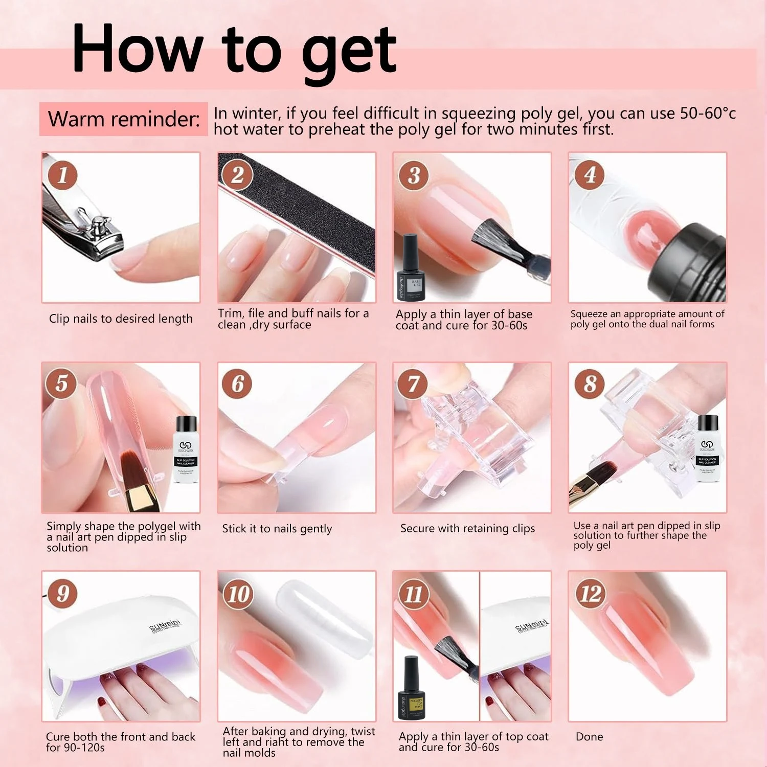 Poly Extension Gel Kit Nagellampe, 24 Farben, schnelle Verlängerung, Poly-Nagelgel, Slip-Lösung, Basis/Matt/Top Coat, Maniküre, professionell