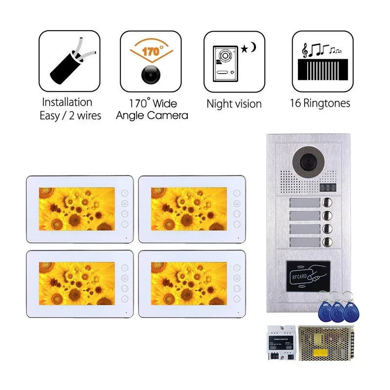 Toegangssysteem voor video-intercom, bekabelde videodeurtelefoonsets met 7 inch LCD-monitor, 4 eenheden videodeurbel voor appartementen