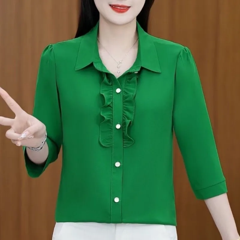 Women Lapel Ruffle Front Chiffon Blouse Puff 3/4 Sleeve Elegant Mom Shirt Summer Casual Tops