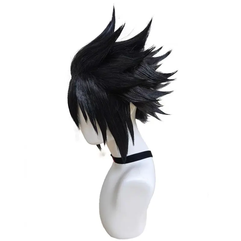 Peluca de cosplay de Sasuke Uchiha, pelo corto y liso con flequillo largo Samurai Updo peluca de cabeza completa