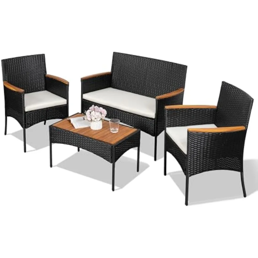 

4-Piece Patio Furniture Set, Outdoor Wicker Patio Conversation Furniture Set with Cushions and Wooden Tabletop for Lawn Backyard