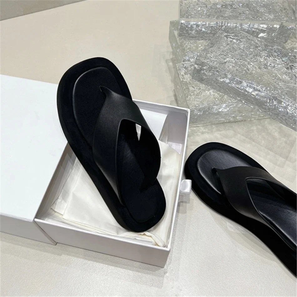 Ginza Flip Flops With Calfskin leather Straps High Quality White Platform Slide Sandal T*R 2024 New Flat Shoes For Women