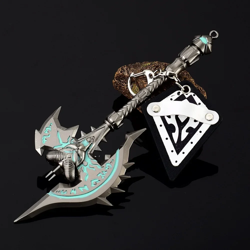 18CM World of Warcraft Shadowmourne Axe dengan perisai Game pinggiran Model ornamen dengan gantungan kunci Cosplay senjata aman mainan anak laki-laki