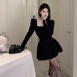 2024 Elegant Women Evening Banquet Retro Dress Lady Fashion Slim Fit Long Sleeved Dress Female Black Daily Prom Concise Dress