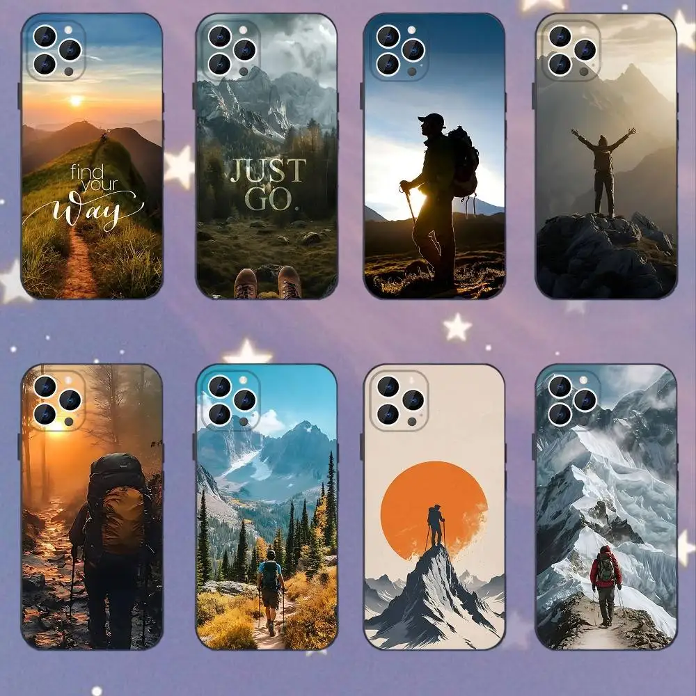 

Hiking Adventure Phone Case For iPhone 17,16,15,14,13,12,11,Pro,XS,Max,XR,Plus,E,SE4,Mini Black Soft Cover