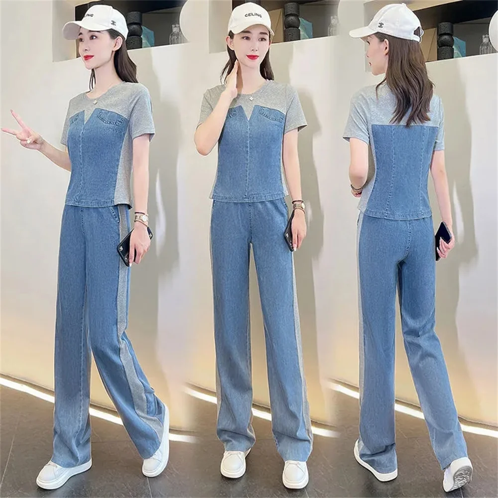 

Casual Fashion Denim Sets Summer Women's 2023 Design Sense Splicing T-shirt High Waist Straight Wide-leg Pants Two-piece Suit