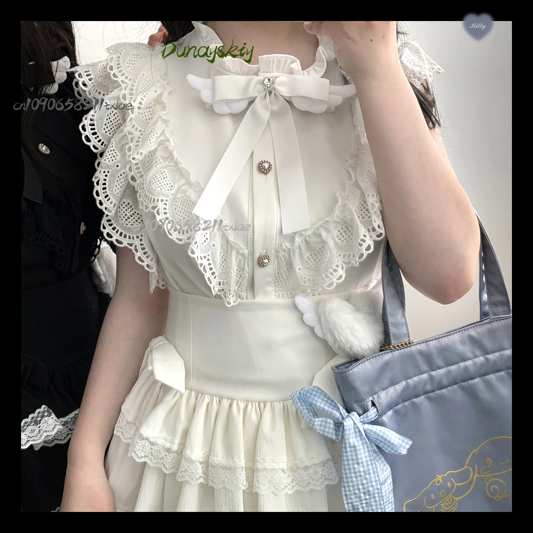 قميص حلو بأكمام طائرة وياقة واقفة من الدانتيل قميص ياباني للهالوين للفتيات والنساء أزياء تنكرية Jirai Kei رائع ولطيف للحفلات اليومية