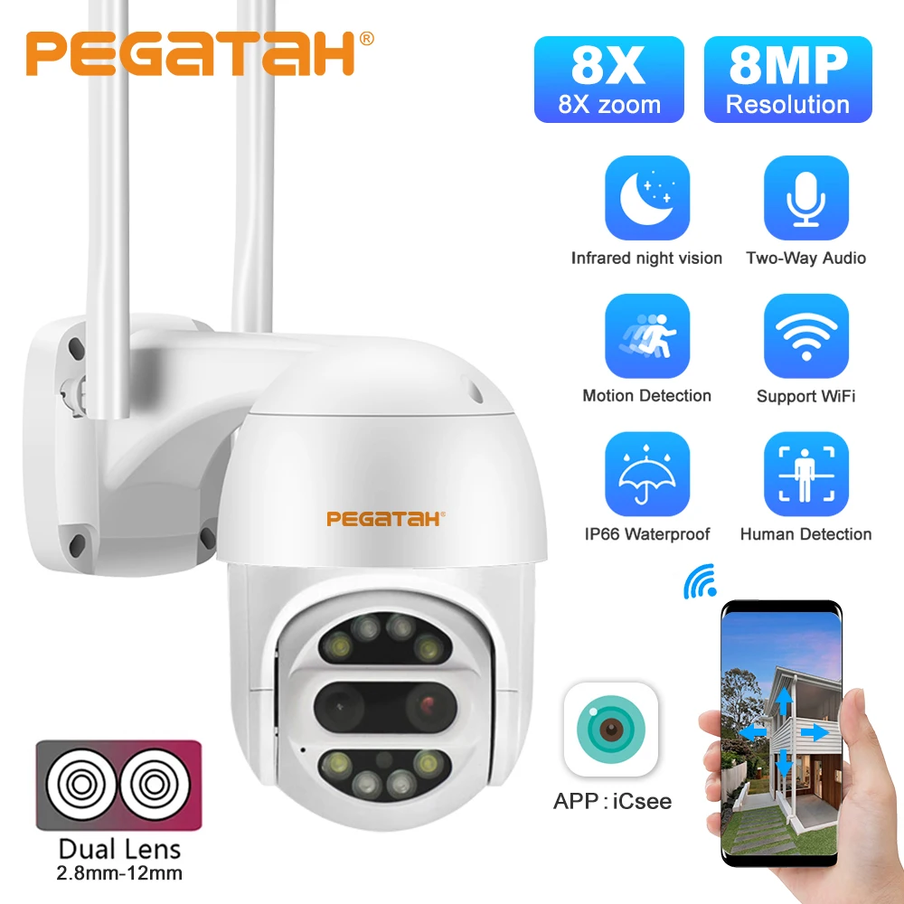 

PEGATAH 8MP 4K Dual Lens WiFi PTZ Camera 8X Zoom AI Human Detection H.265 Outdoor Home Security Video Surveillance Camera ICsee