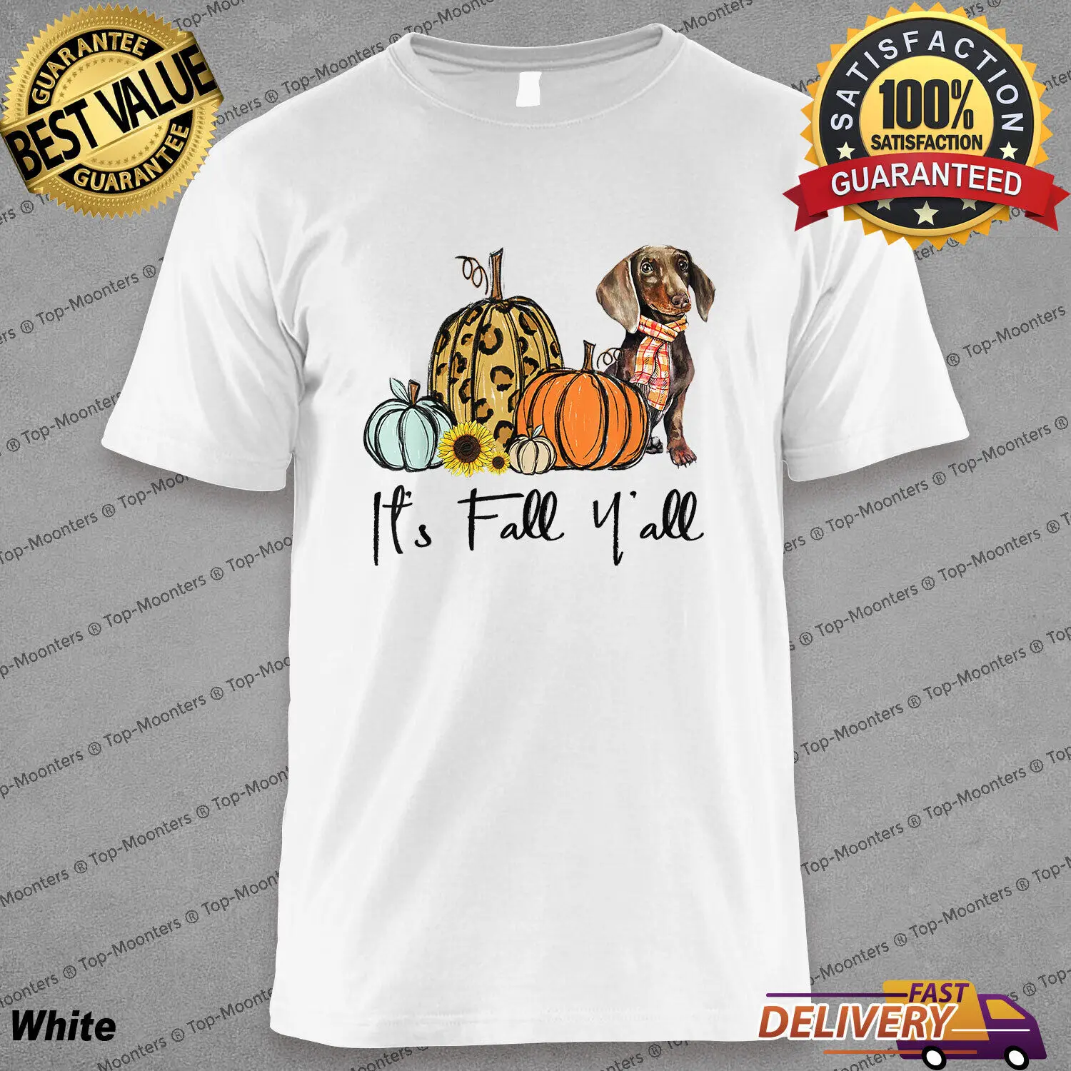 

It's Fall Y'all with Yellow Dachshund Dog and Leopard Pumpkin T-Shirt Gift