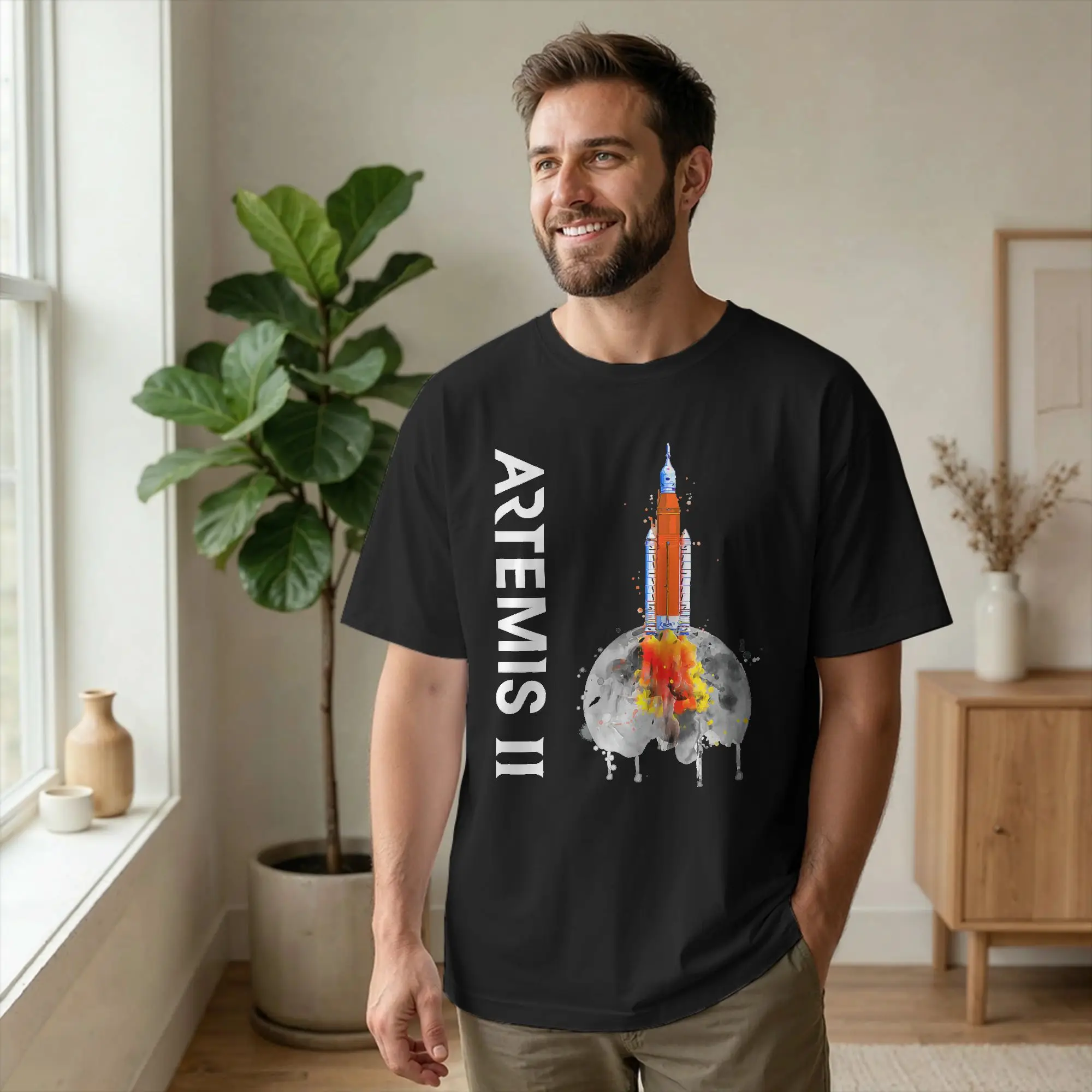 Artemis II SLS Rocket Launch Mission T Shirts Men Cotton T-Shirt Round Collar To The Moon Tees Short Sleeve Clothing Gift Idea