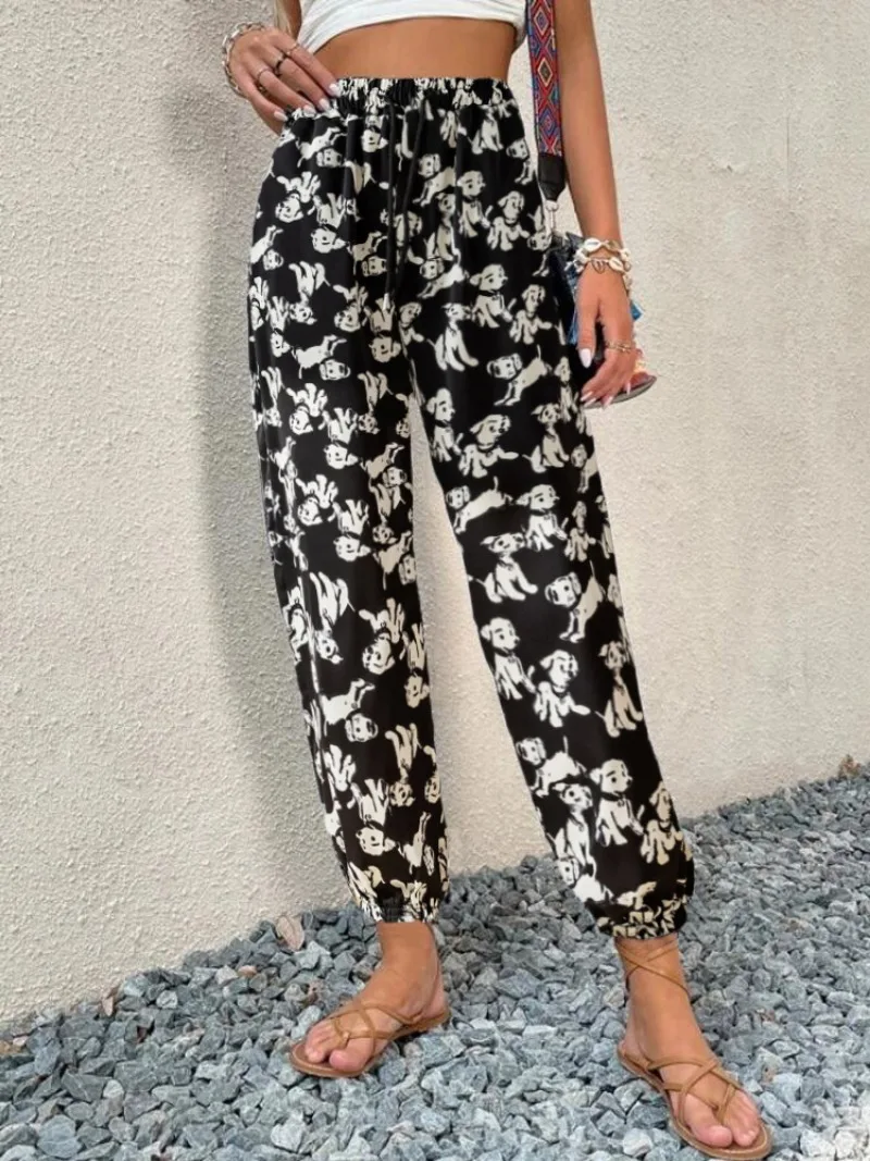 Women Casual Leopard Print Ankle Length Pants 2024 High Waist Drawstring Pant Loose Jogger Fashion Plus Size Ladies Trousers