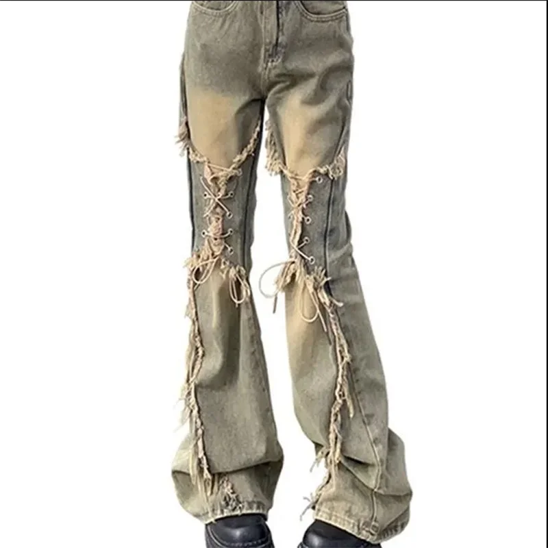 plus Size Vintage Belted Distressed Hip Hop Personality Bow Tie Frayed Edge Sexy Girl Horse Hoof Micro Flared Jeans