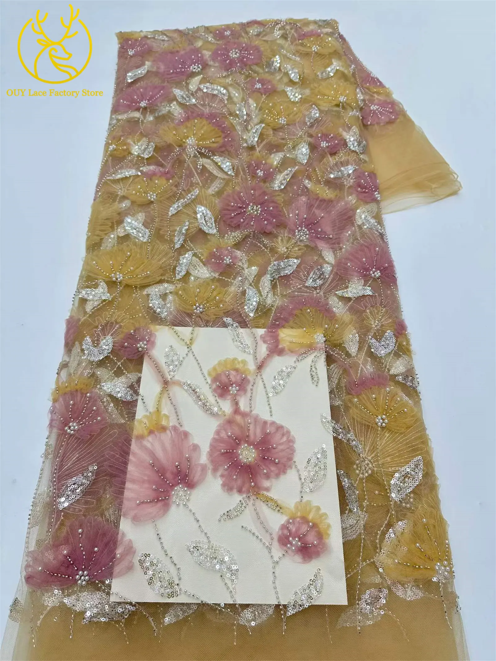 Rosa Modischer Nigerianischer Pailletten-Perlen-Spitzenstoff 2026 Afrikanische Französische Stickerei 3D-Spitzenstoff für Abschlussball- und Partykleider zum Nähen – Detail 18
