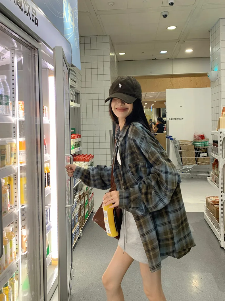 

Laid-back Style Color Block Plaid Long Sleeve Women's Shirt Spring Casual Loose Versatile Mid-Length Button-up Blouse