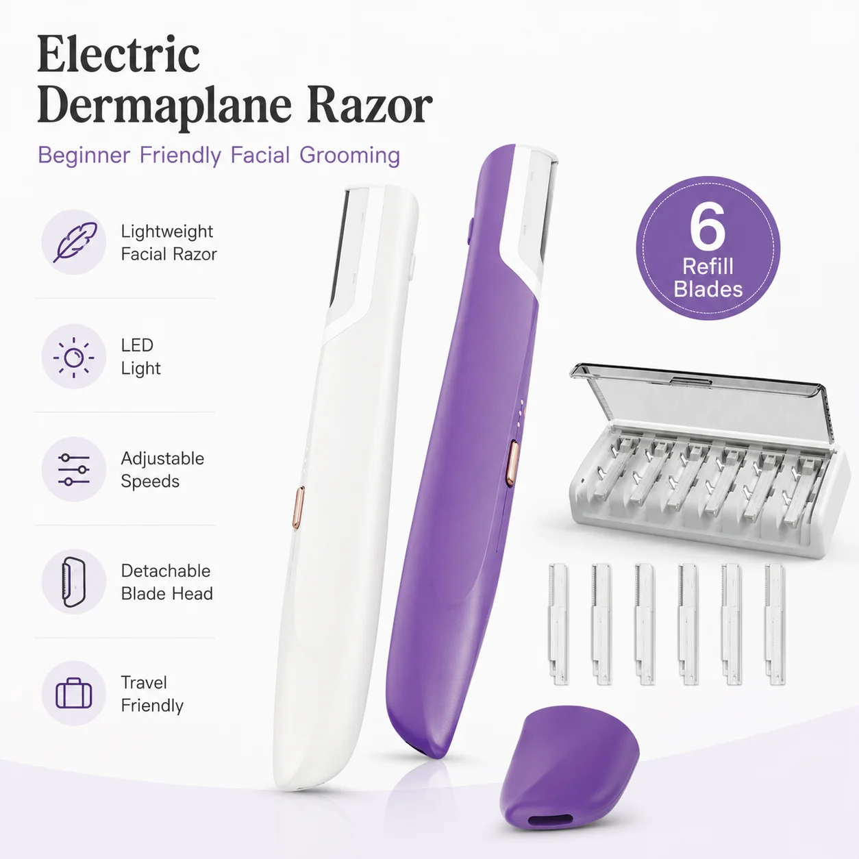 Electric Dermaplaning Tool with 12000 RPM Motor and Three Speed Modes for Peach Fuzz and Facial Hair Trimming Care