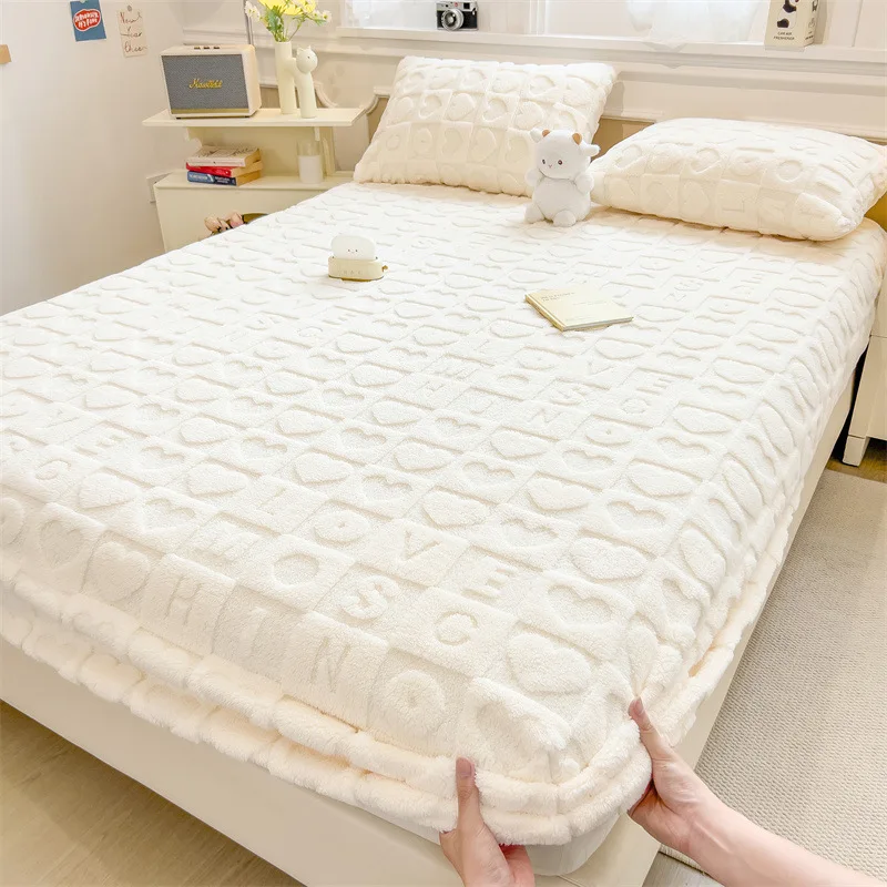 

Thickened Fleece Mattress Cover Solid Color Winter Bedspread Soft Protective Sheet Three Piece Option Available Cozy Bedding Set