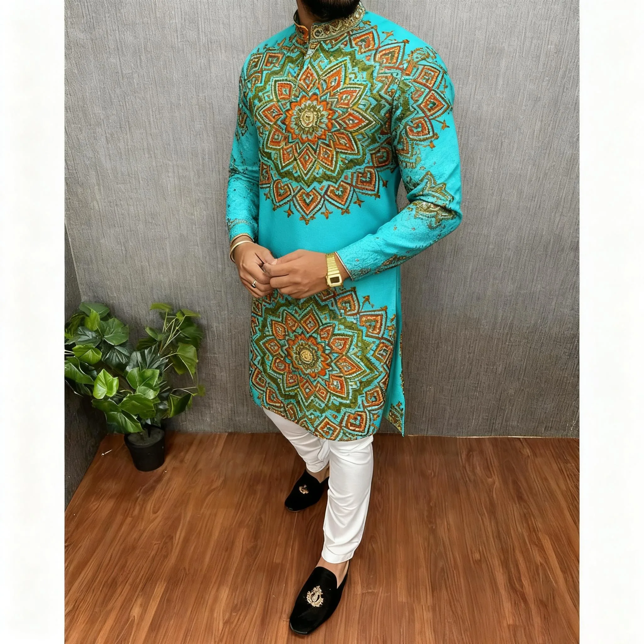 قمصان رجالية إسلامية بسيطة كاجوال قميص طباعة عرقية قميص طويل الأكمام بياقة واقفة دبي قفطان مغربي