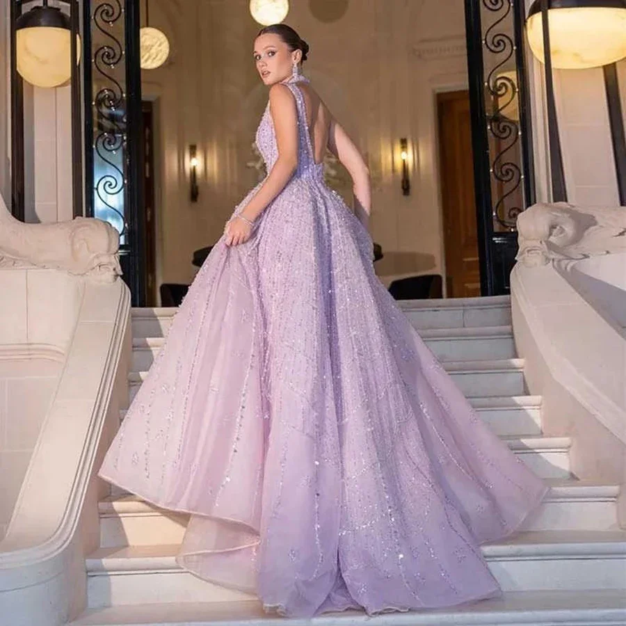 Luxury Purple Evening Dresses Floor Length Halter Sleeveless A-line Backless V-neck Crystal Princess Women Banquet Prom Gowns