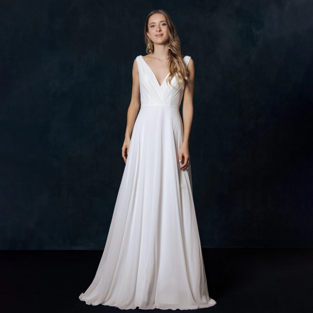 

Simple Soft V-neck Sleeveless Wedding Dresses High Quality Chiffon Pleat Ruffles A-line Floor-Length Classic Formal Evening Gown