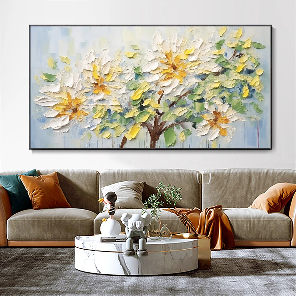 Hand Painted Oil Painting Impressionist White Floral Palette Knife Painting Abstract Landscape 3D Hand Painted Art Modern Decor