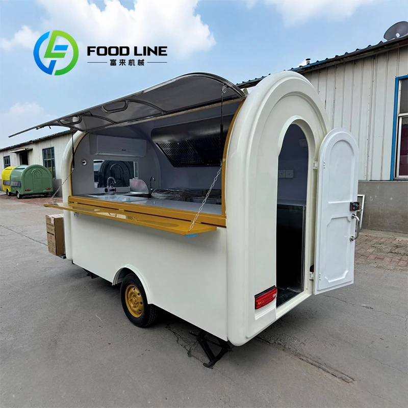 Small Food Truck Yellow White Circular Attractive Block Design Outdoor Street Trailer Customized