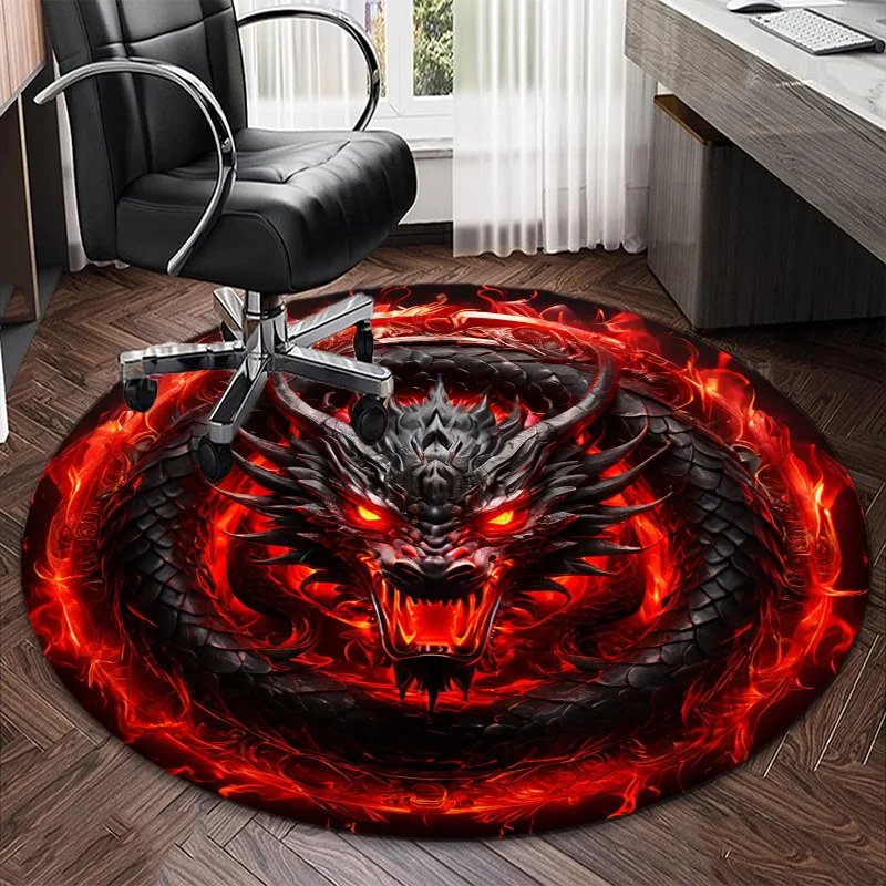 Red Dragon Pattern Round Area Rug, Non Slip Office Chair Mat for Home Decor, Decorative Floor Carpet for Living Room Bedroom