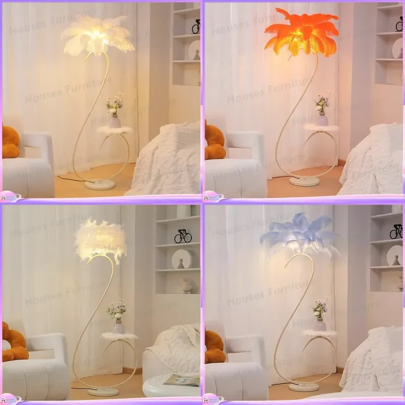 For Feather Floor Lamp Living Room Bedroom Corner Decor Creative Ostrich Plume Standing Light Dimmable Cream Style Modern