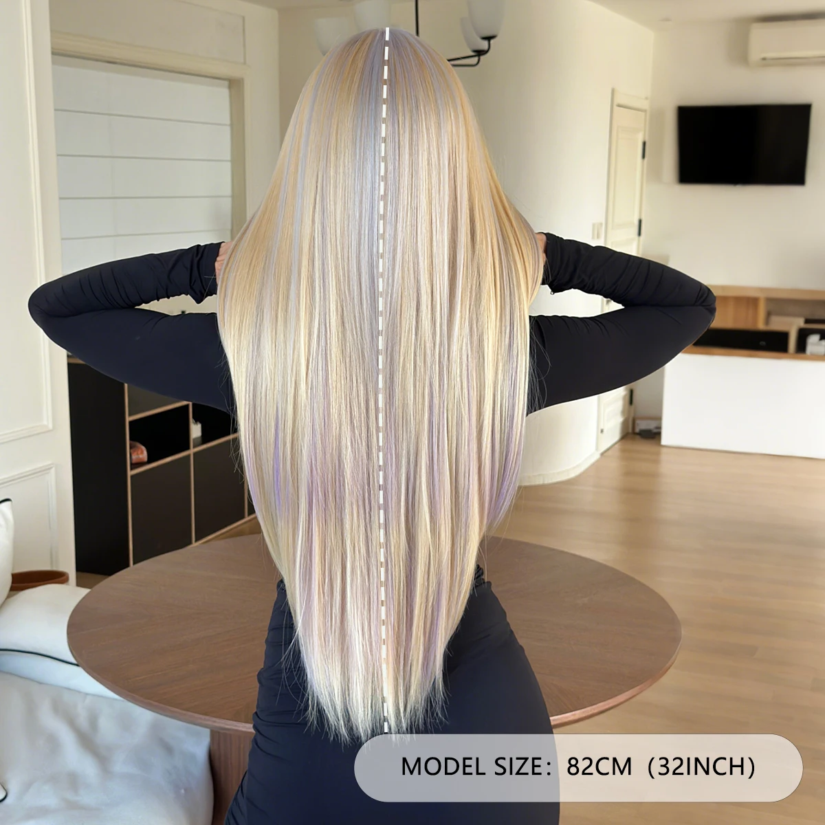7JHH WIGS Long Straight Blonde Highlight Purple Wig for Women Synthetic Modest Fashion Wear and Go Colourful Wigs with Neat Bang - view 4