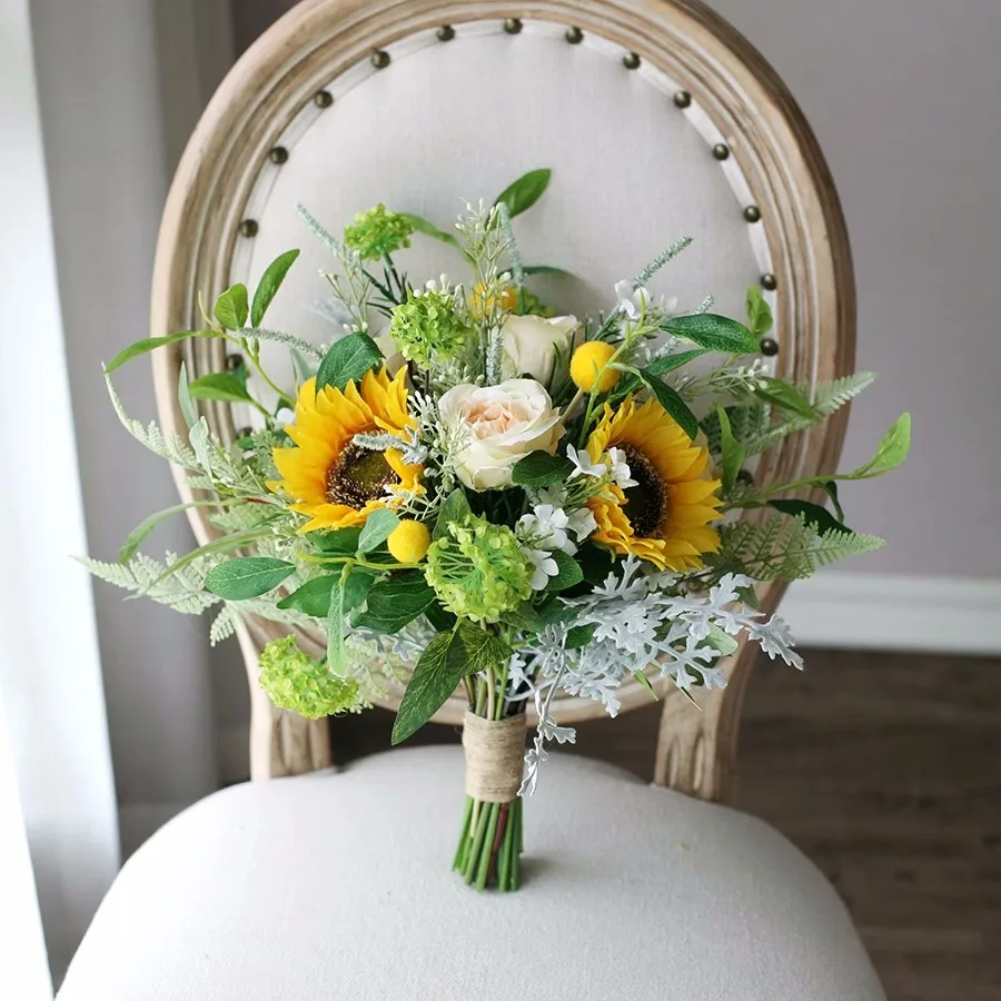 Peorquídea rosa girassóis artificiais buquê de noiva casamento damas de honra buquê de seda flores ramos de quinceañeras buque de noivas