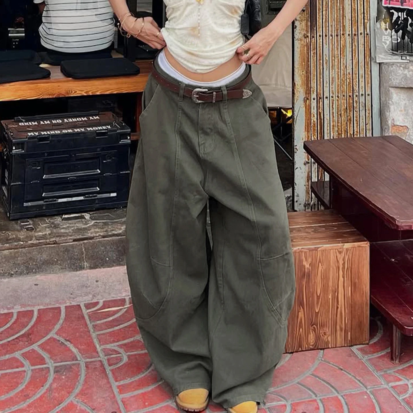 

Safari Style Cargo Jeans Casual Loose Low-Waisted Wide Leg Pants Women 2025 Winter Fashion Streetwear Solid Baggy Denim Trousers